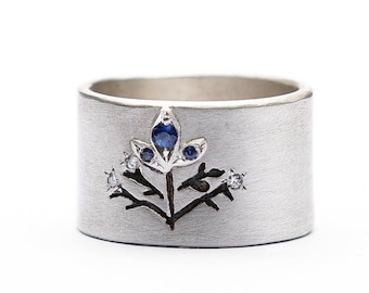 Silver Cigar Band, Handcrafted Diamonds & Natural Sapphire Gemstone Leaf Band for Women, Nature Inspired Wide Silver Promise Ring for Her