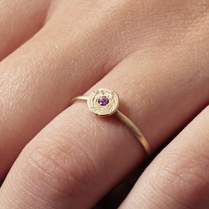 14K Gold Dainty Tiara Ring, Engraved Folwers Ring , Amethyst Ring, Signet Flower Ring, Tiara Crown Gold Ring, Birthstone Gold Ring, image 1