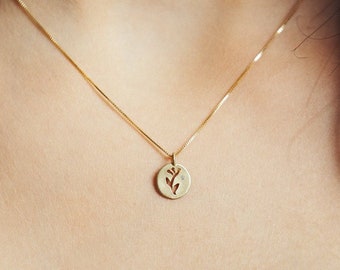 Elegant halsband med hänge i 14k massivt guld och diamanter i form av en blomma i skiva för kvinnor | Halsband med naturinspirerat minimalistiskt runt hänge i äkta guld