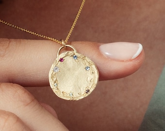 14k Solid Gold Coin Necklace, Custom Family Birthstone, Generation Necklace, Family Necklace, Birthstone Necklace Gift, Mother's Necklace