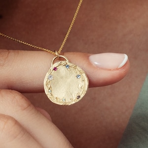 14k Solid Gold Coin Necklace, Custom Family Birthstone, Generation Necklace, Family Necklace, Birthstone Necklace Gift, Mother's Necklace image 1