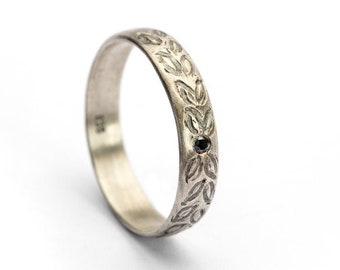 Unisex vine leaf sterling silver wedding band, Black Diamond wedding ring, Engraved Leaf Rings