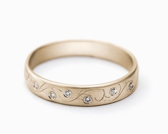 Women 18K White Gold Tiny Diamonds Ring, Multi Diamonds Wedding Bands, Art Nouveau Gold Ring, Romantic Promise Band