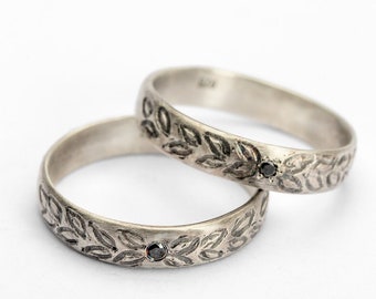 Unique Vine Leaf Couple wedding ring Set . handmade Sterling Silver Matching Wedding Bands With a small black diamond, Oxidized Silver Ring