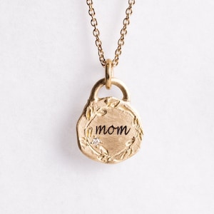 14k Solid Gold Coin Personalized Pendant Necklace, Tiny Diamond Mom Coin Necklace Customized Initials / Monogramed Pendant image 1