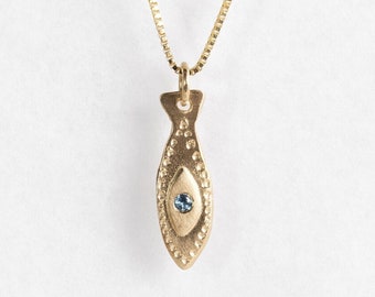 14K Dainty Gold Fish Aquamarine /Sapphire/ Blue topaz Pendant Necklace, Natural September Birthstone Jewelry Gift for Her, Good Luck Charm