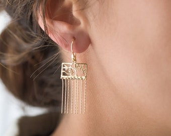 Brass 18K Gold Plated Long Dangle Earrings, Filigree Fringe Gold Earrings, Women Bohemian Tassel Earrings, Gift for Xmas