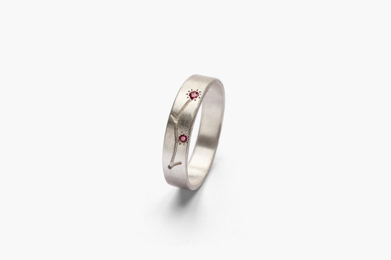 Romantic Sterling Silver, Natural Ruby Gemstone Band with Hand-Engraved Flower Promise/Engagement/Wedding Ring for Her image 3