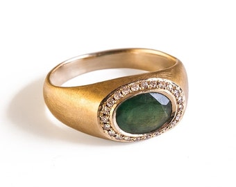 Stunning natural Emerald Ring, 14K Solid Gold Diamonds Ring, Birthstone Ring, Unusual Engagement Ring, Green Jewelry, Thick Rings For Women