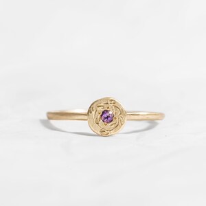 14K Gold Dainty Tiara Ring, Engraved Folwers Ring , Amethyst Ring, Signet Flower Ring, Tiara Crown Gold Ring, Birthstone Gold Ring, image 2