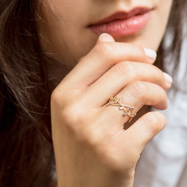 Nature Inspired Engagement Ring, gold rings for women, 14K Gold Diamond Ring, Leaf Ring, minimalist leaf ring ,delicate leaf ring image 1