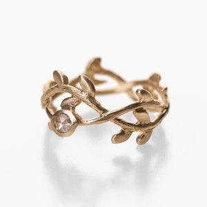 14K Solid Gold Nature Inspired Diamond Ring, Gold Leaf Branch Ring, Wreath Crown Wedding Ring image 2