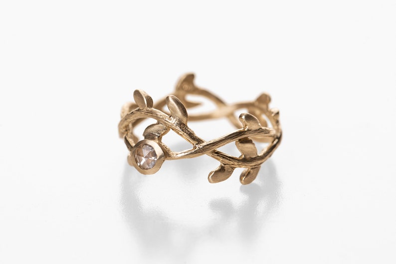 14K Solid Gold Nature Inspired Diamond Ring, Gold Leaf Branch Ring, Wreath Crown Wedding Ring image 2