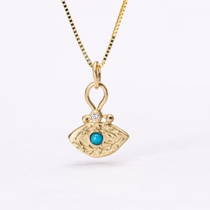 14K Gold Diamond & Genuine Turquoise Evil Eye Pendant Necklace, Delicate Necklace Women&#39;s  Spiritual Meaningful, Gift for Daughter/wife