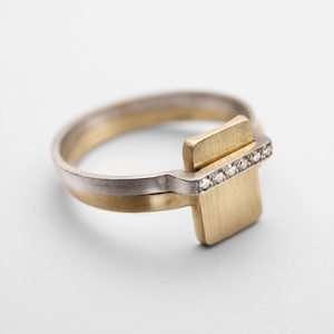 Bridal Set, 14K Solid Gold Engagement Ring And Wedding Band, Mixed Metal Ring, diamond alternative engagement rings, Geometric Ring