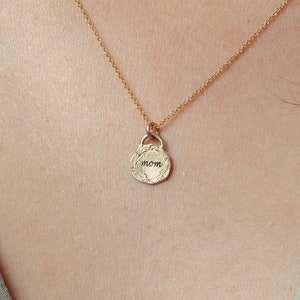 14k Solid Gold Coin Personalized Pendant Necklace, Tiny Diamond Mom Coin Necklace Customized Initials / Monogramed Pendant image 2