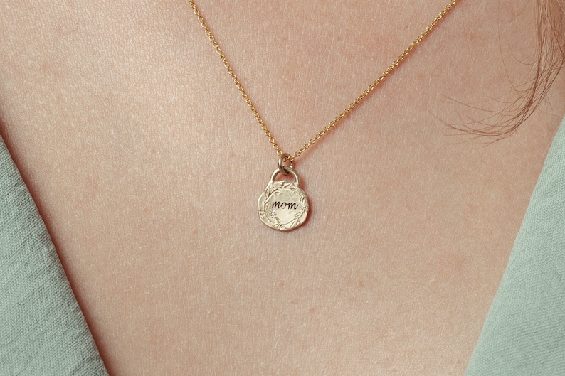 14k Solid Gold Coin Personalized Pendant Necklace, Tiny Diamond Mom Coin Necklace Customized Initials / Monogramed Pendant image 2