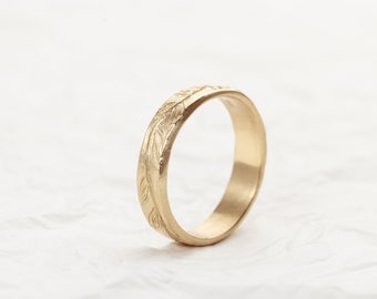 14K Solid Gold Engraved Leaf Floral Wedding Ring, Unique Handmade Promise Ring For Men's Engagement Ring