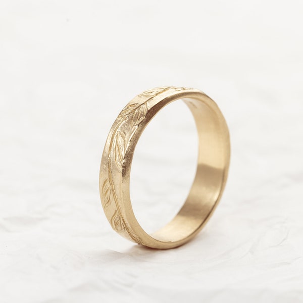 14K Solid Gold Engraved Leaf Floral Wedding Ring, Unique Handmade Promise Ring For Men's Engagement Ring