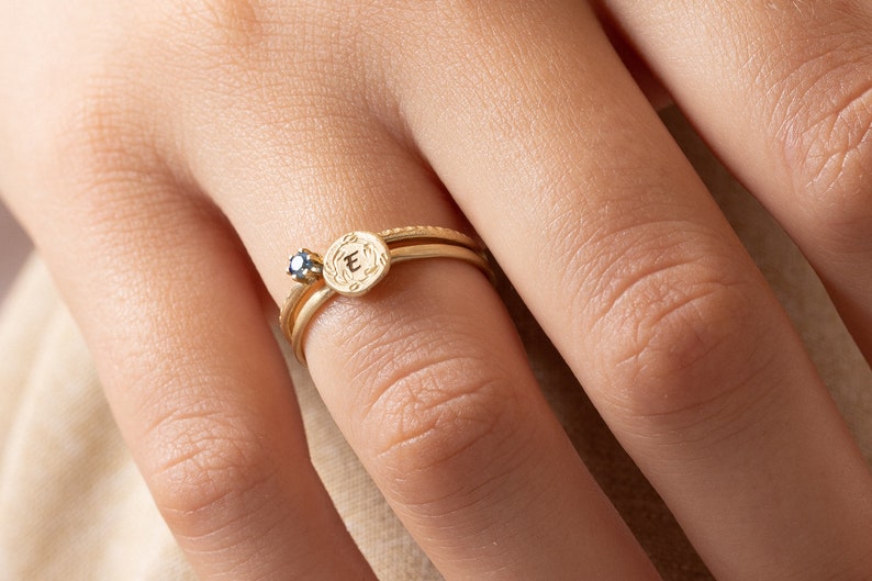 Round 14K Gold Custom Initial Floral Ring image 5