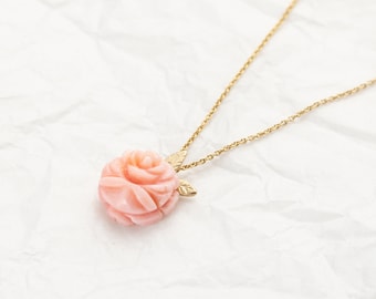 Pink Coral Rose Pendant, Floral 14K Gold Necklace, Dainty Rose Necklace, Pink Rose Jewelry, Tiny Rose Flower Necklace, Pink Wedding Necklace