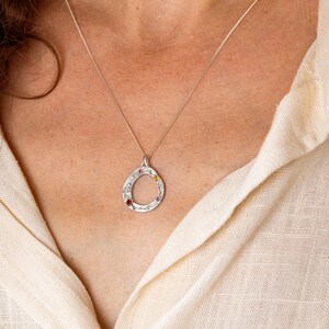 14k Solid Gold Circle Pendant Necklace, White Gold Personalized Birthstone Jewelry, Grandmother/Mother Generation Family Birthstone Necklace