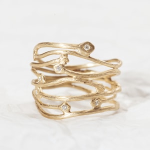 14K Solid Yellow Gold Multi row gold ring, Wide Branch Diamonds Ring, Unique Stripes wavy gold ring, Gift For Her