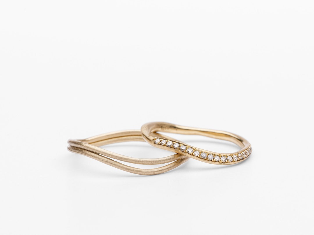 14K Solid Yellow Gold Half Eternity Diamond Wedding Ring Set, Delicate ...