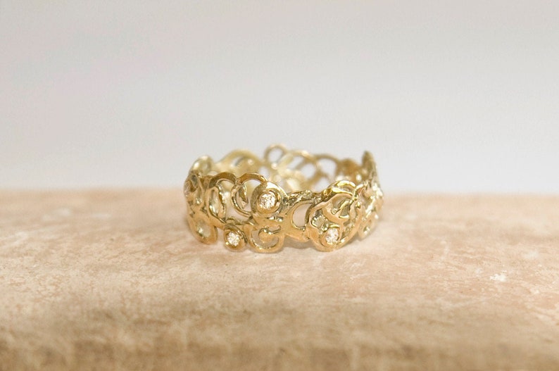 14K Yellow Gold Diamonds Ring, Filigree Engagement Ring, Gold Lace Ring, Unusual Promise Rings, Statement Rings For Women, Moroccan Jewelry image 1