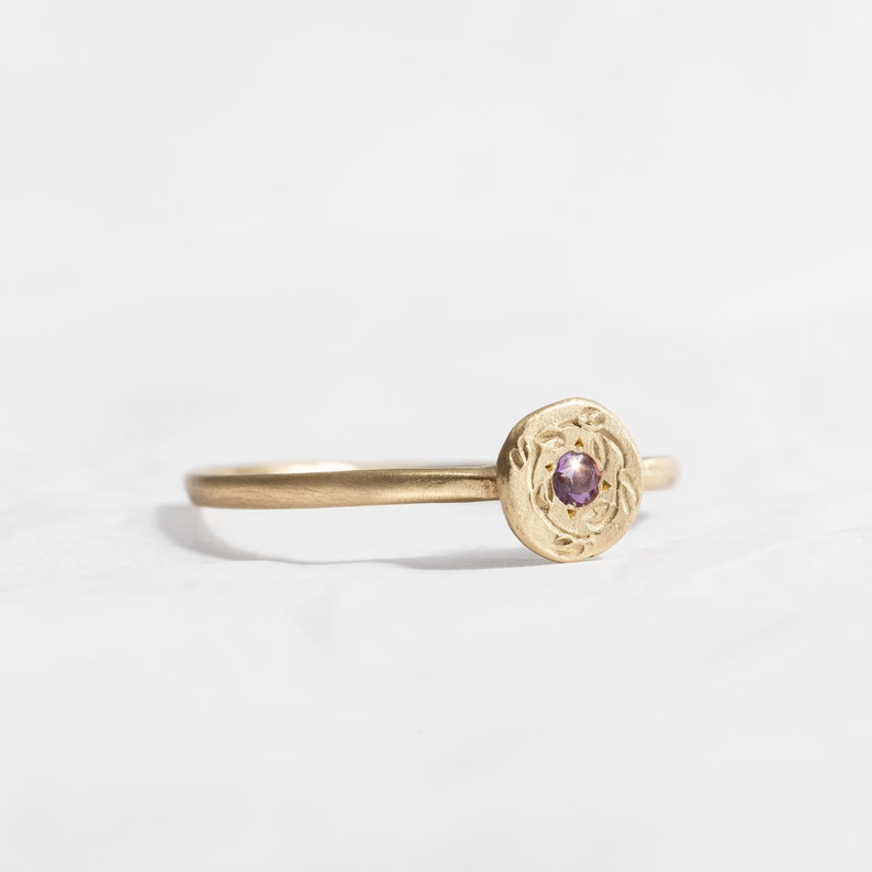 14K Gold Dainty Tiara Ring, Engraved Folwers Ring , Amethyst Ring, Signet Flower Ring, Tiara Crown Gold Ring, Birthstone Gold Ring, image 3
