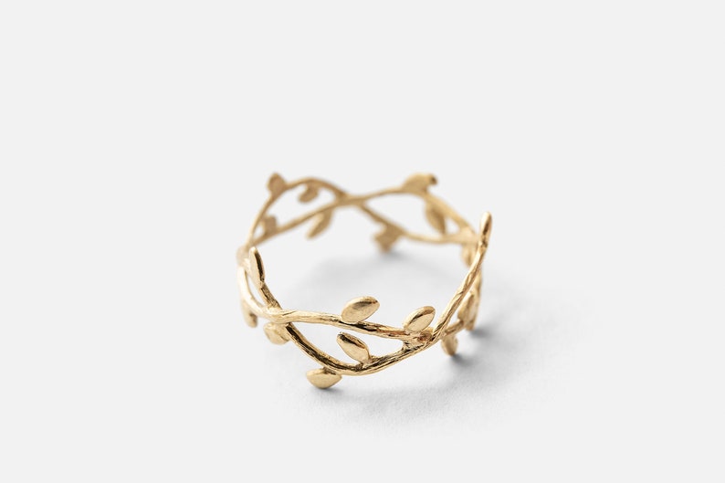 14K Gold Delicate Nature Inspired Ring, Gold Leaf Branch Ring, Wreath Crown Wedding Ring image 1
