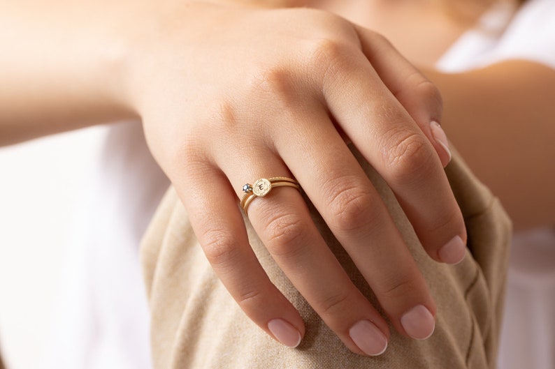 Round 14K Gold Custom Initial Floral Ring image 6