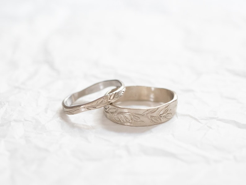 14k Solid White Gold Wedding Bands His and Hers, Matching Wedding Rings, Floral Band, Olive Leaves Ring for Women and Men image 1