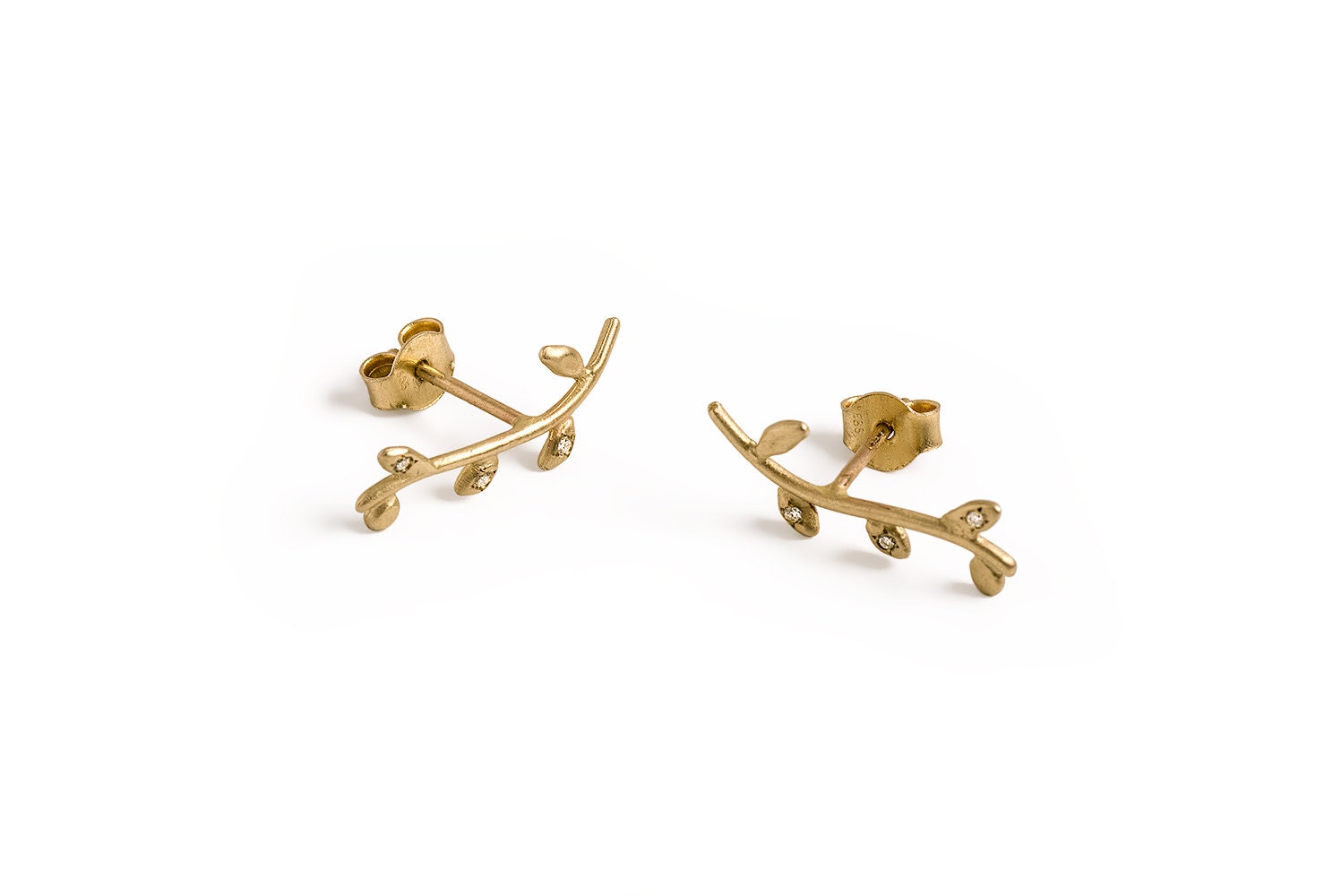 Gold Climber Earrings Nature Gold Earrings 14K Gold Diamond | Etsy