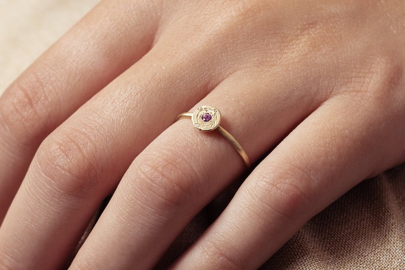 14K Gold Dainty Tiara Ring, Engraved Folwers Ring , Amethyst Ring, Signet Flower Ring, Tiara Crown Gold Ring, Birthstone Gold Ring, image 1