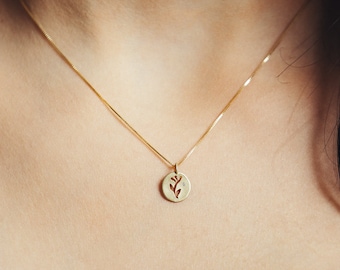 Elegant halsband med hänge i 14k massivt guld och diamanter i blommor | Halsband med minimalistiskt runt hänge i äkta guld, naturinspirerat