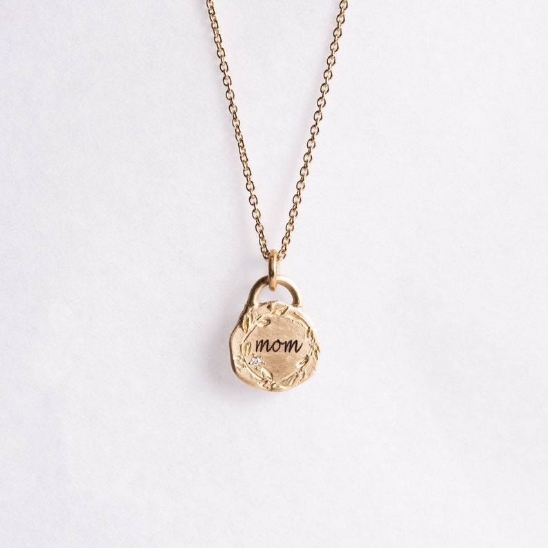 14k Solid Gold Coin Personalized Pendant Necklace, Tiny Diamond Mom Coin Necklace Customized Initials / Monogramed Pendant image 1