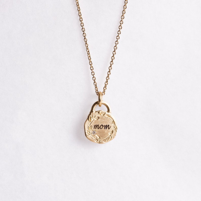 14k Solid Gold Coin Personalized Pendant Necklace, Tiny Diamond Mom Coin Necklace Customized Initials / Monogramed Pendant image 5