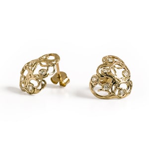 Statement Stud Earrings, 14K Gold Filigree Earring, Beautiful Diamonds Earrings, Bridesmaid Elegant Earrings, Fine Jewelry