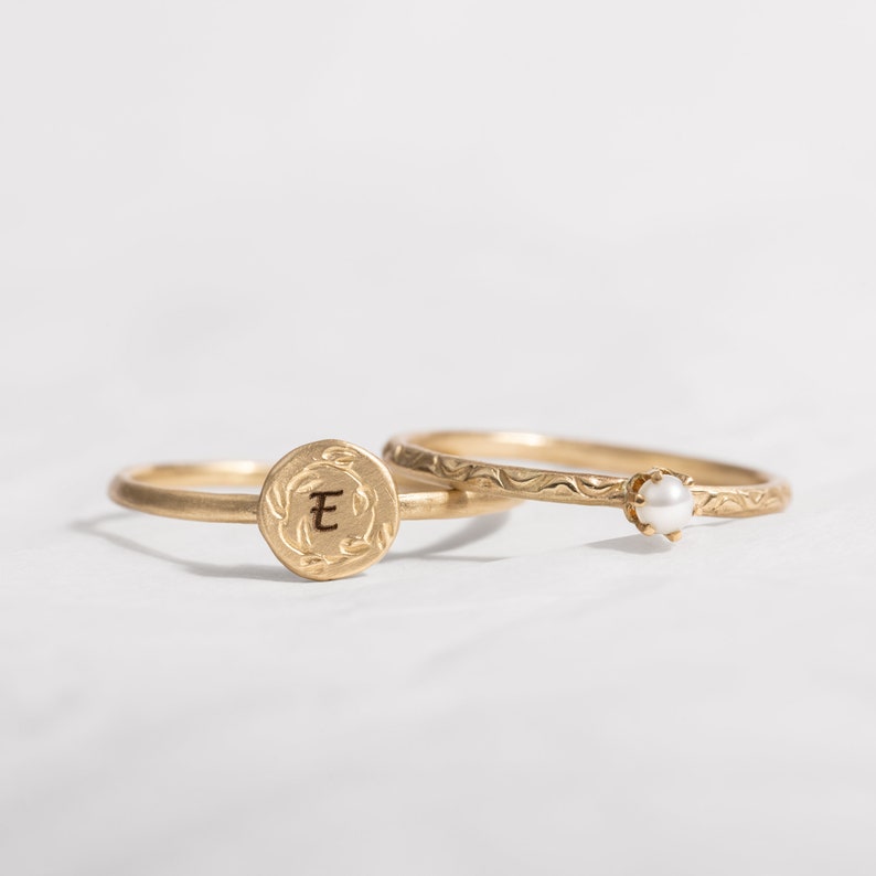 Round 14K Gold Custom Initial Floral Ring image 2