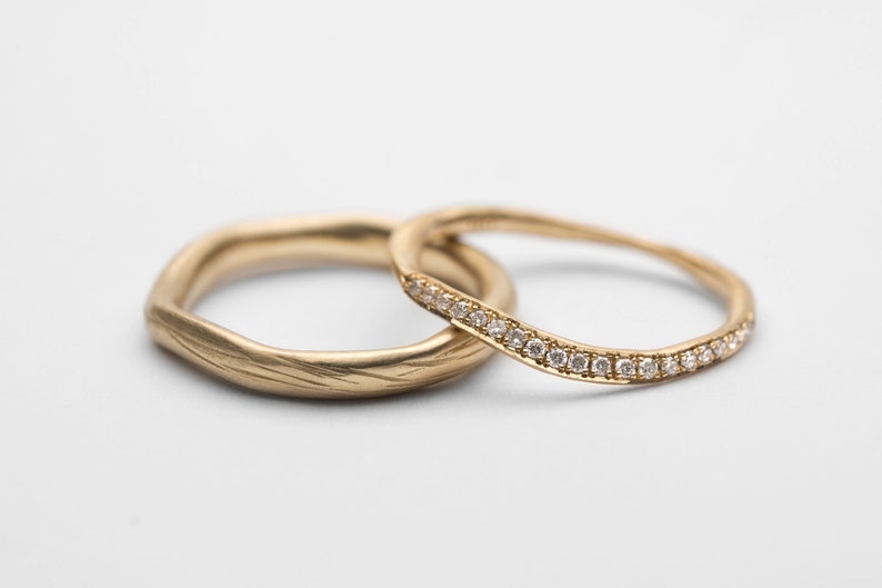 14K Gelbgold Ringe, Einzigartiges Brautring-Set, Ehering aus massivem Gold, Diamant-Verlobungsring, Ewigkeitsring für Frauen, handgefertigter Schmuck Bild 1