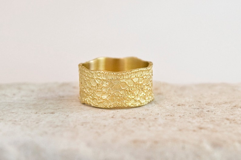 18K Solid Gold Lace Ring, Unique Wedding Bands For Women, Statement Wide Gold Band Ring, Handmade Jewelry, Yellow Gold Wedding Ring image 1