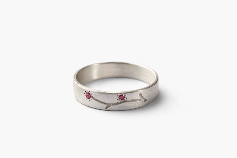 Romantic Sterling Silver, Natural Ruby Gemstone Band with Hand-Engraved Flower Promise/Engagement/Wedding Ring for Her image 1