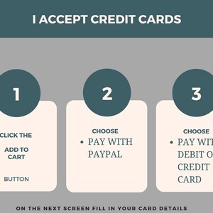 May include: A teal and gray graphic with the text "I ACCEPT CREDIT CARDS." It shows a three-step guide: click the add to cart button, choose to pay with PayPal, or choose to pay with debit or credit card.