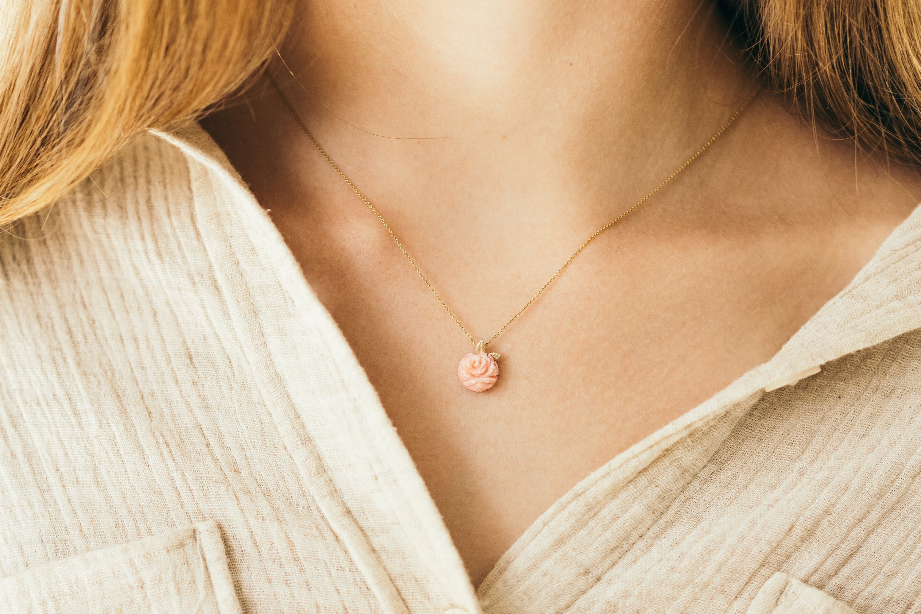 Pink Coral Rose Pendant Floral 14K Gold 