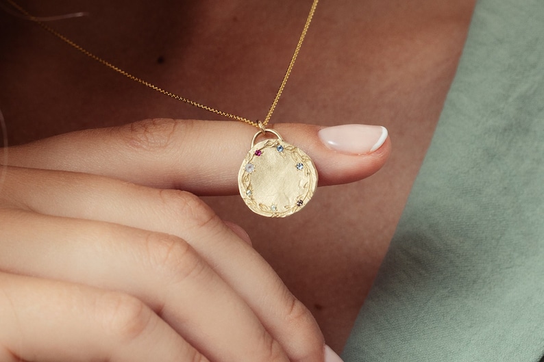 14k Solid Gold Coin Necklace, Custom Family Birthstone, Generation Necklace, Family Necklace, Birthstone Necklace Gift, Mother's Necklace image 1