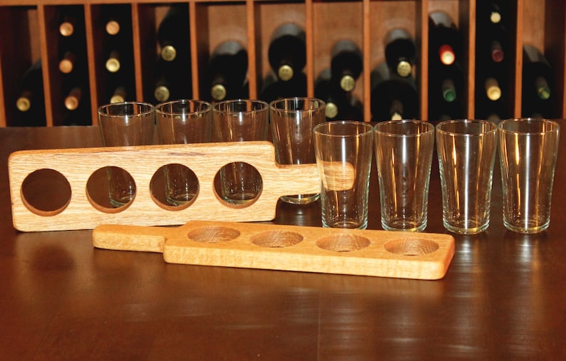 2 Hand Made Red Oak beer flight paddle with or without 7ounce glasses image 4