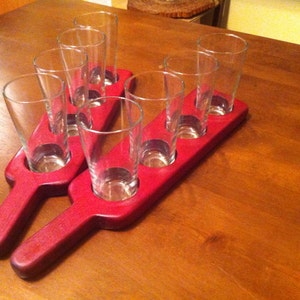 5 Hand Made purple heart or Red Oak beer flight paddles with or without 7 ounce glasses