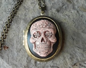 CAMEO LOCKET - Hand Painted Sugar Skull - Skeleton - Day of the Dead - Skull - Halloween - Goth - Steampunk - Bronze - Great Quality
