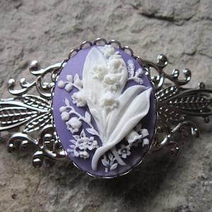 Choose Purple or Pink - Lily of the Valley Cameo Silver Filigree Barrette - Hair Accessory - Bride - Hair - Bridal Accessory - Floral